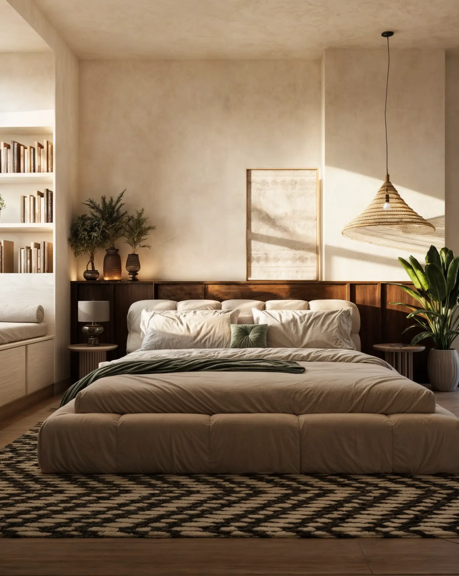 Mediterranean Home — bedroom with timber headboard and library nook