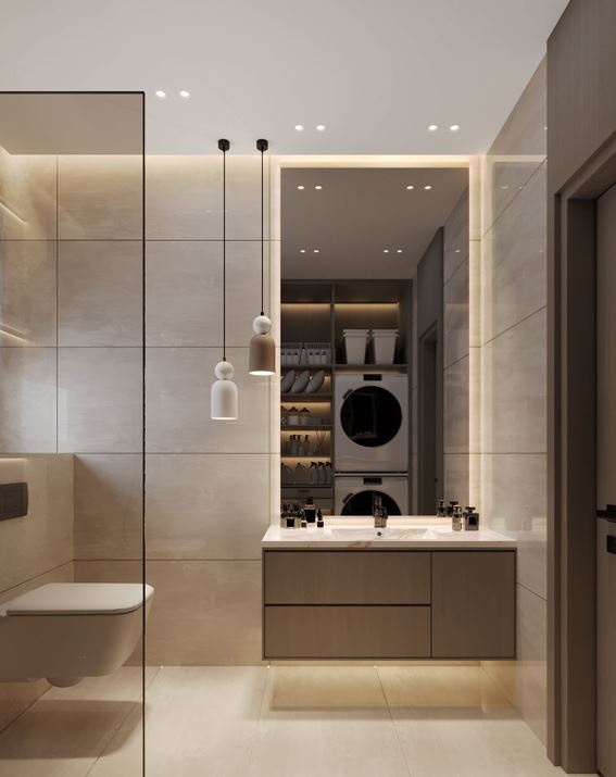 Moon Valley Apartment — bathroom with stone surfaces and backlit vanity