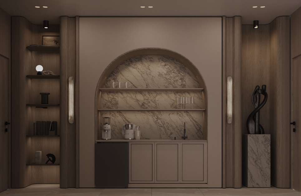 Sodic East Home — arched bar niche with marble backing, glassware and timber shelving