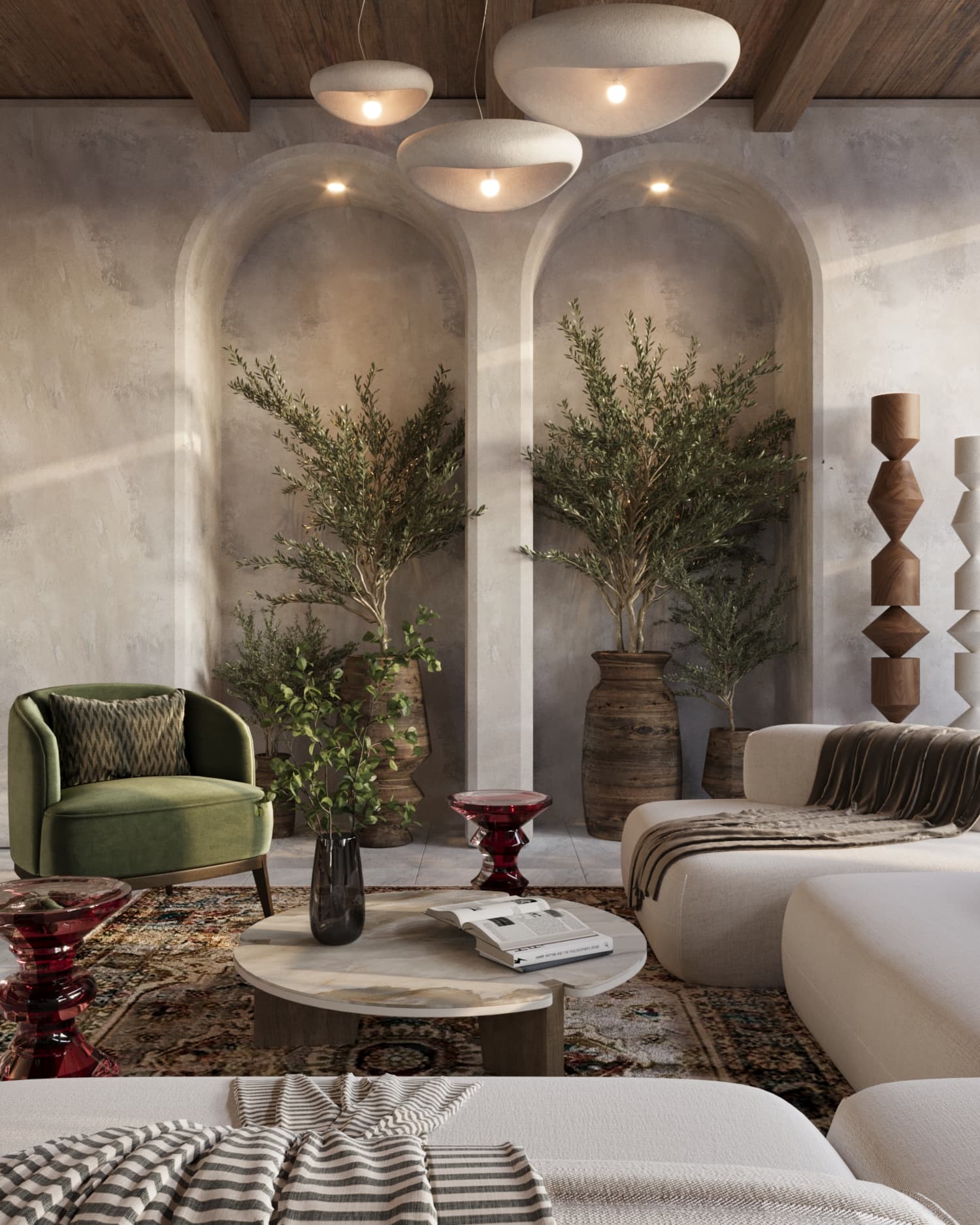 Mediterranean Home — lounge with arched niches and sculptural pendant lights