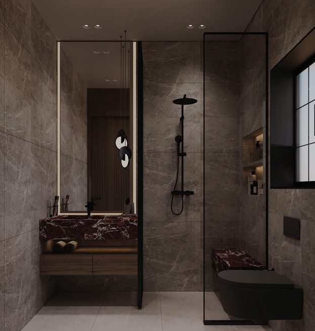 Sodic East Home — shower room with grey marble, black fixtures and red marble vanity
