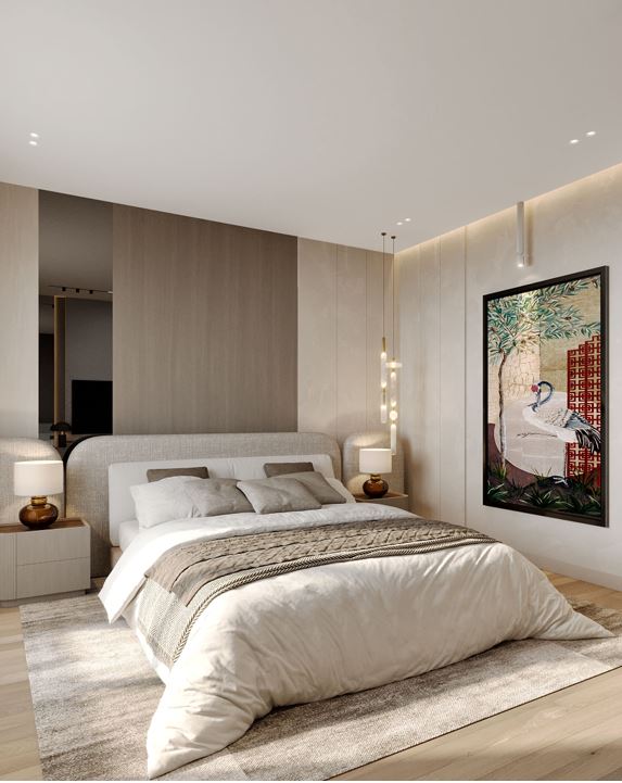 Moon Valley Apartment — master bedroom with upholstered bed and feature artwork
