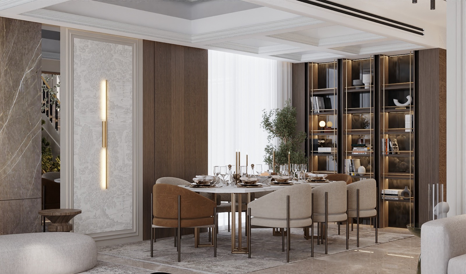 Neo-Classical Villa — dining room with coffered ceiling and bronze vitrines