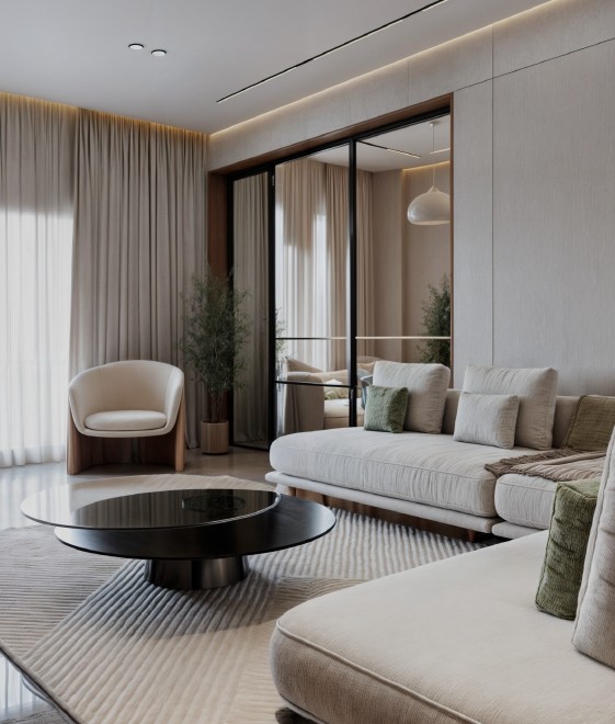 Contemporary Apartment — living room with curved sofa, armchair and full-height glazing