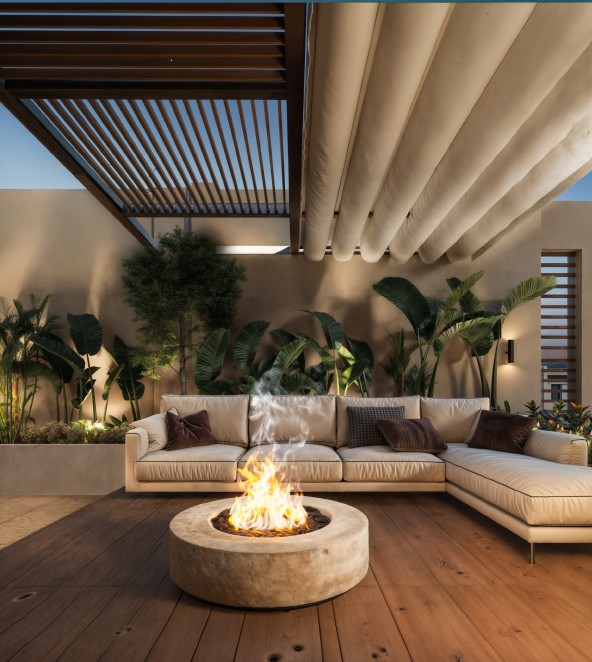 Sodic East Home — outdoor lounge with fire pit, sofas and timber pergola