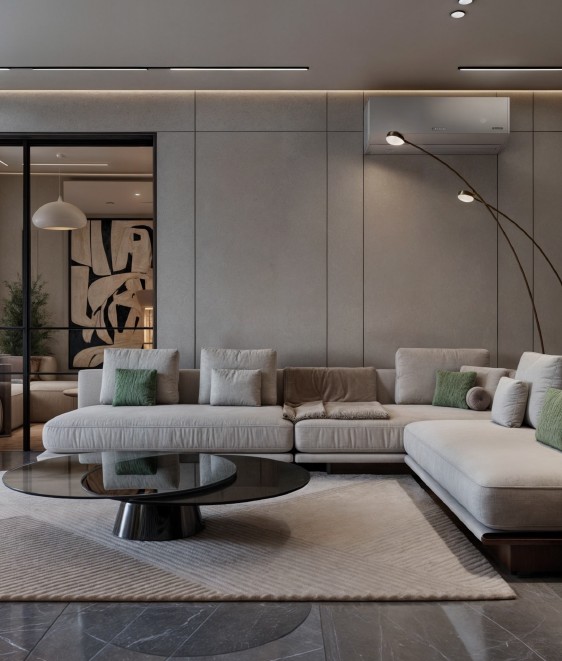 Contemporary Apartment — living room with L-shaped sofa, black coffee table and floor lamp