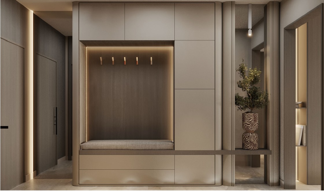 Moon Valley Apartment — entry joinery with bench and display niche