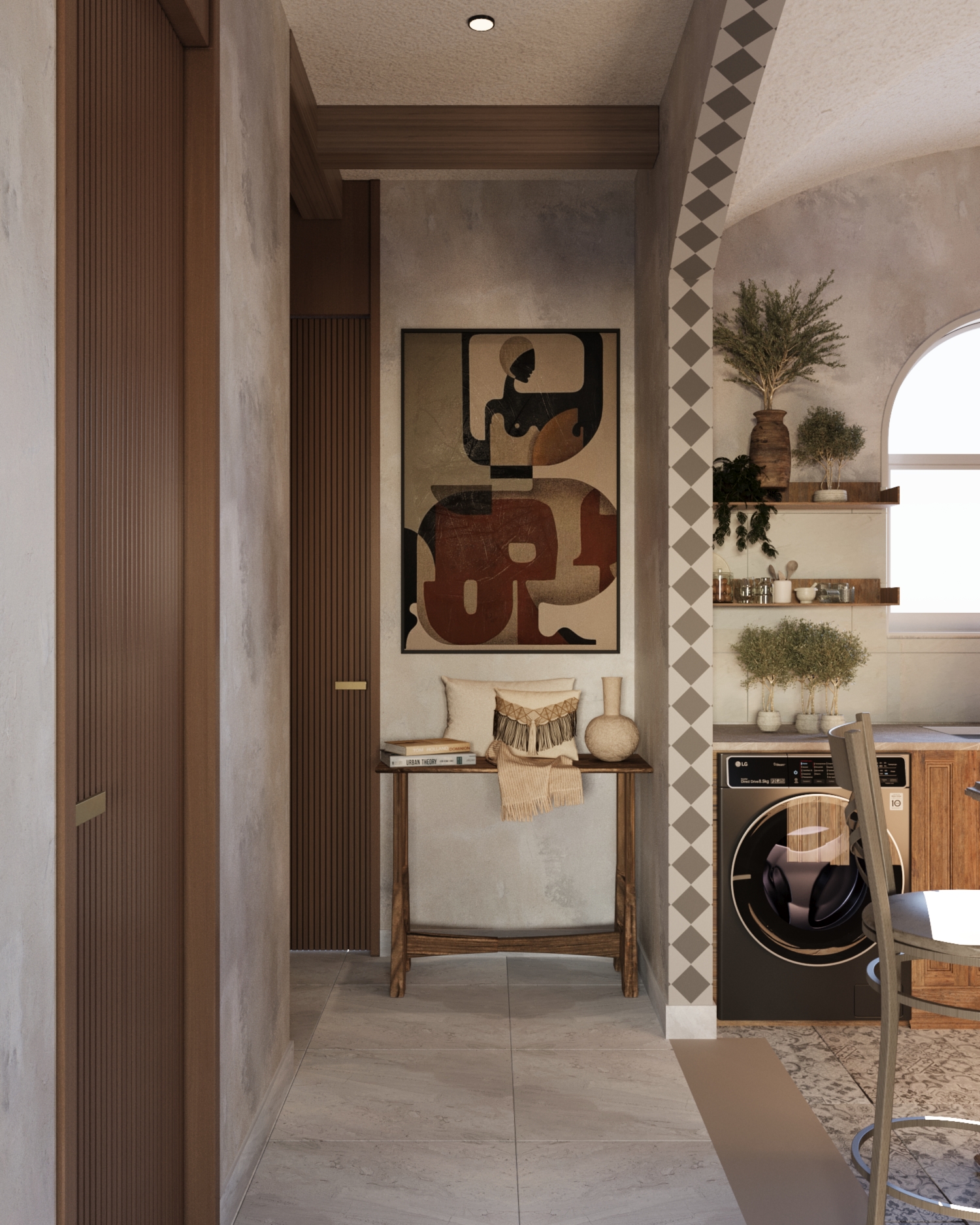 Mediterranean Home — corridor with console table, artwork and kitchen glimpse