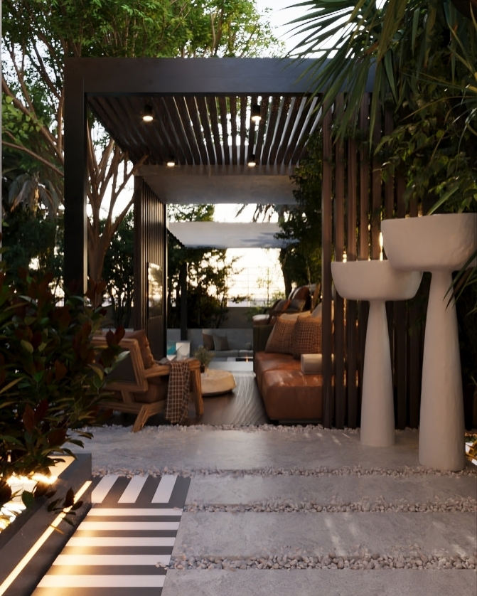 Neo-Classical Villa — covered outdoor lounge with pergola, landscaping and relaxed seating