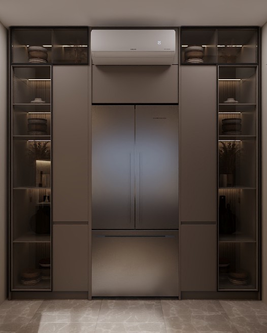 Sodic East Home — full-height kitchen joinery with integrated refrigerator and display cabinets