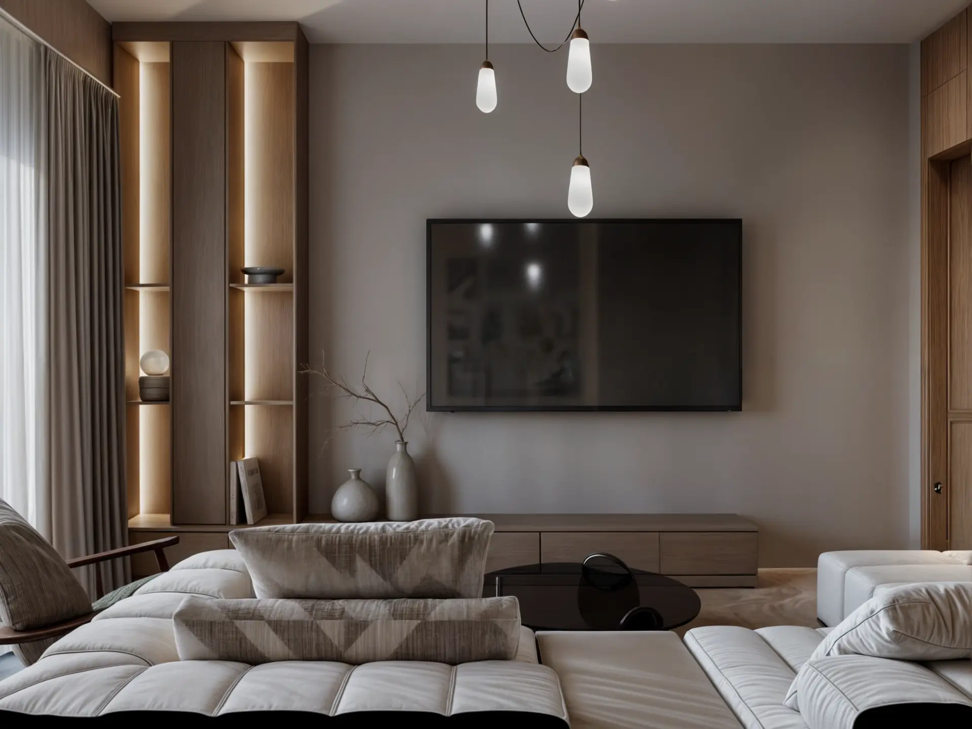 New Giza Villa — family living room with timber joinery, pendant lights and soft sofas