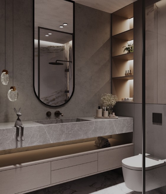 Contemporary Apartment — bathroom with stone vanity, bronze fittings and backlit shelving