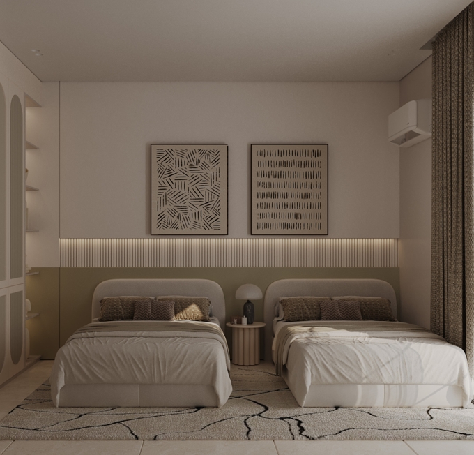 Sodic East Home — second twin bedroom with twin beds, artwork and soft indirect lighting