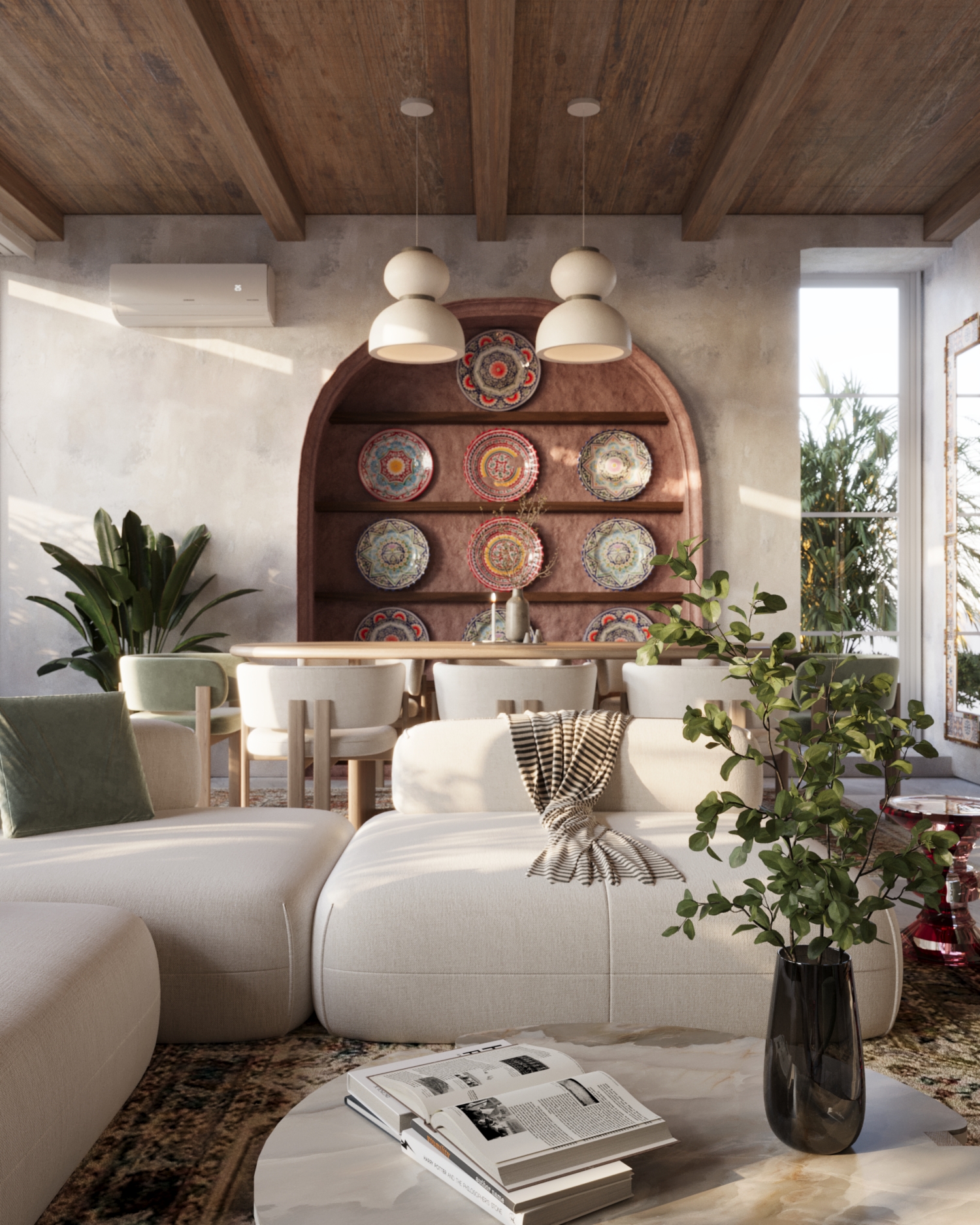 Mediterranean Home — living and dining space with timber ceiling and arched niche