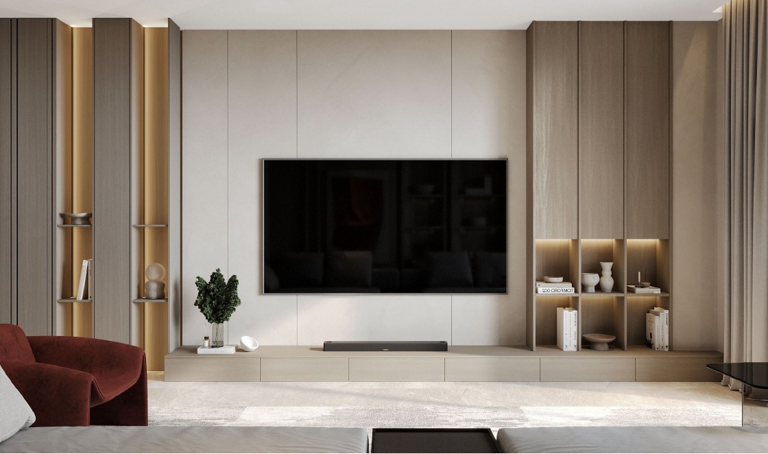 Moon Valley Apartment — media wall with integrated storage and display shelving