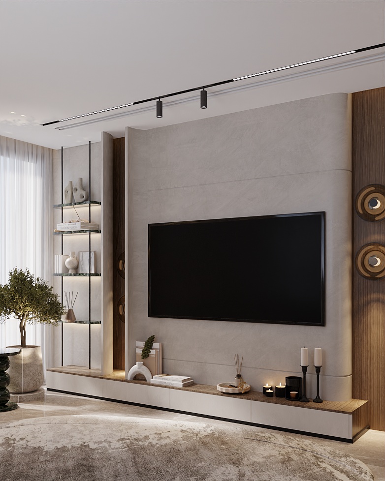 Neo-Classical Villa — media wall detail with floating shelves, timber cladding and stone surfaces