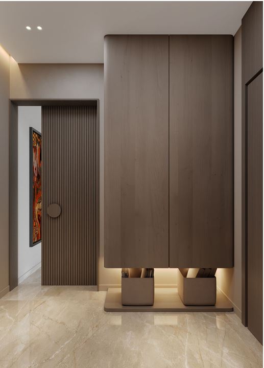 Moon Valley Apartment — entrance hall with floating joinery and feature door