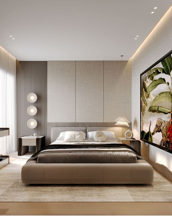 Moon Valley Apartment — bedroom with tropical artwork and soft drapery