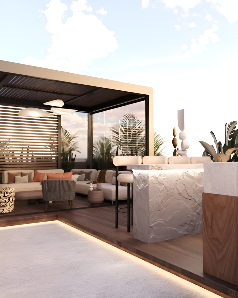 Neo-Classical Villa — rooftop terrace bar and seating area at dusk