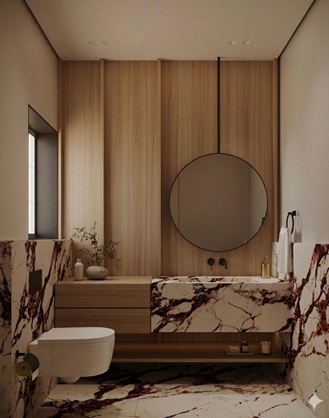 Sodic East Home — bathroom with veined marble, timber joinery and round mirror
