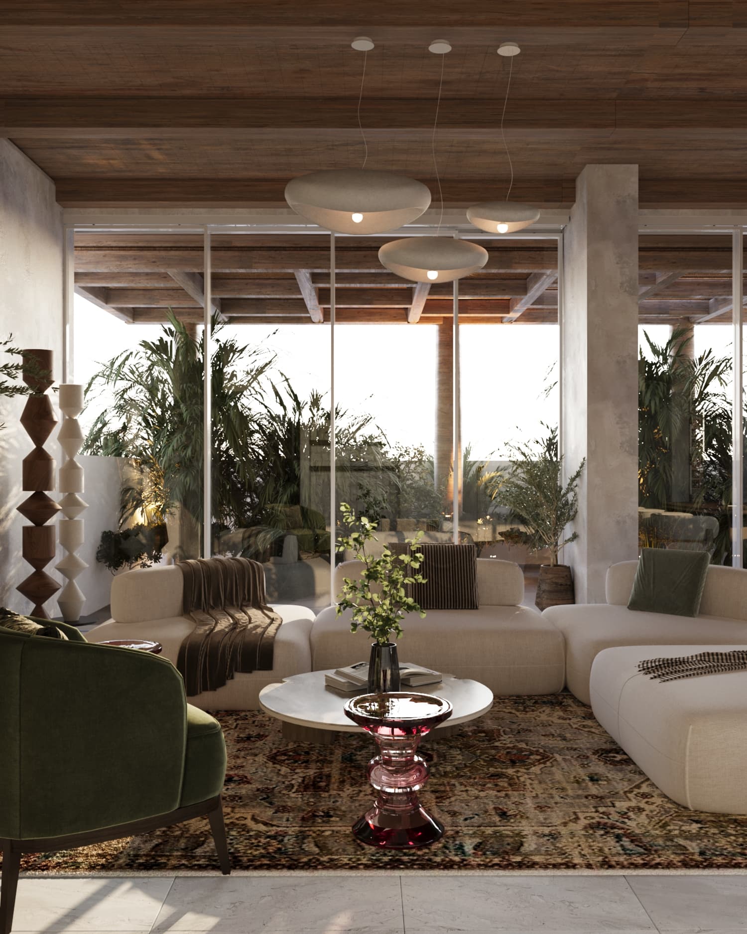 Mediterranean Home — living area with curved sofas and timber ceiling