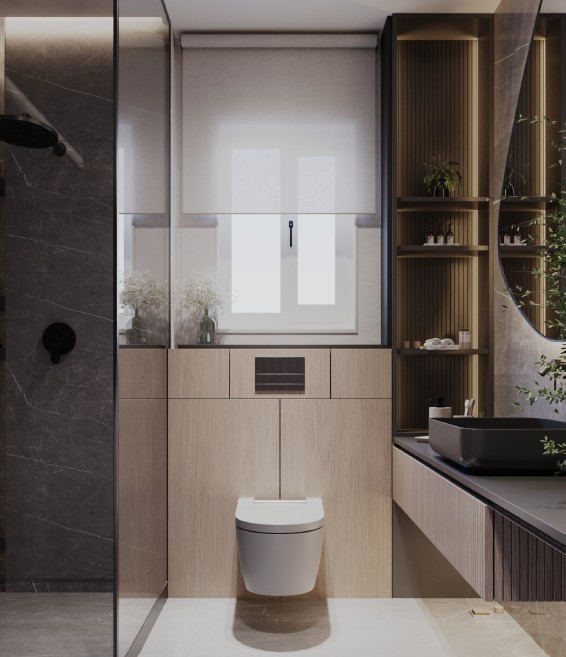 Contemporary Apartment — bathroom with wall-hung cabinetry, mirror joinery and stone surfaces