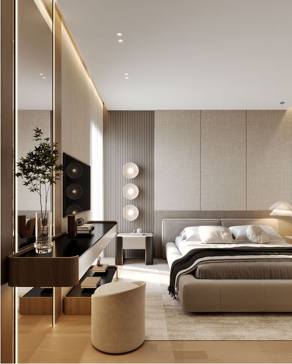 Moon Valley Apartment — bedroom with ribbed wall panels and pendant lighting