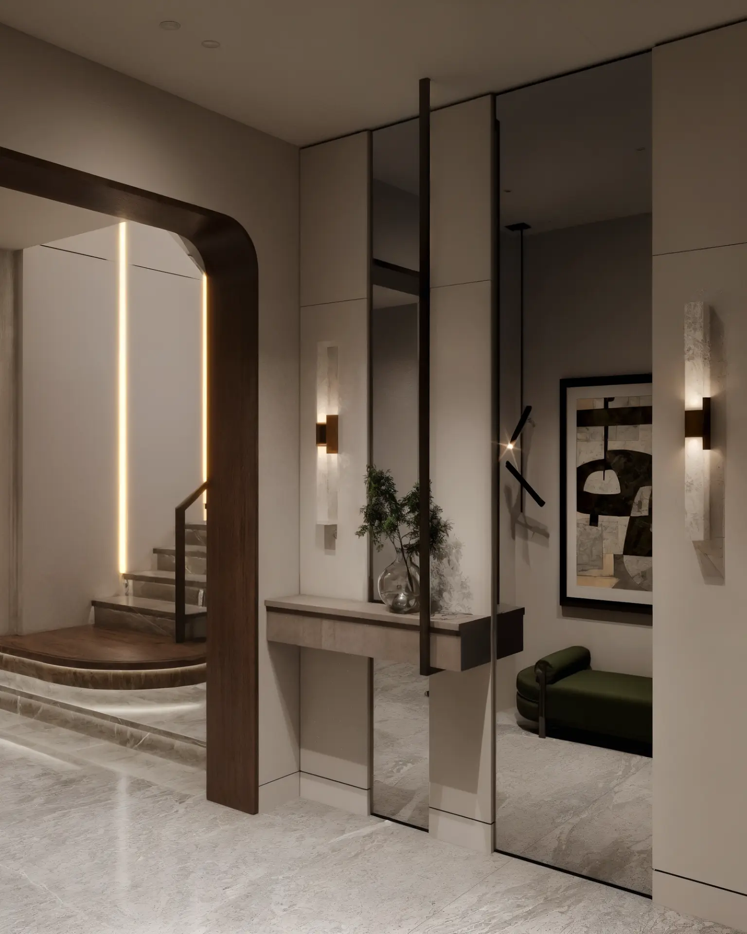 New Giza Villa — entrance foyer with arched doorway, console table and sculptural staircase