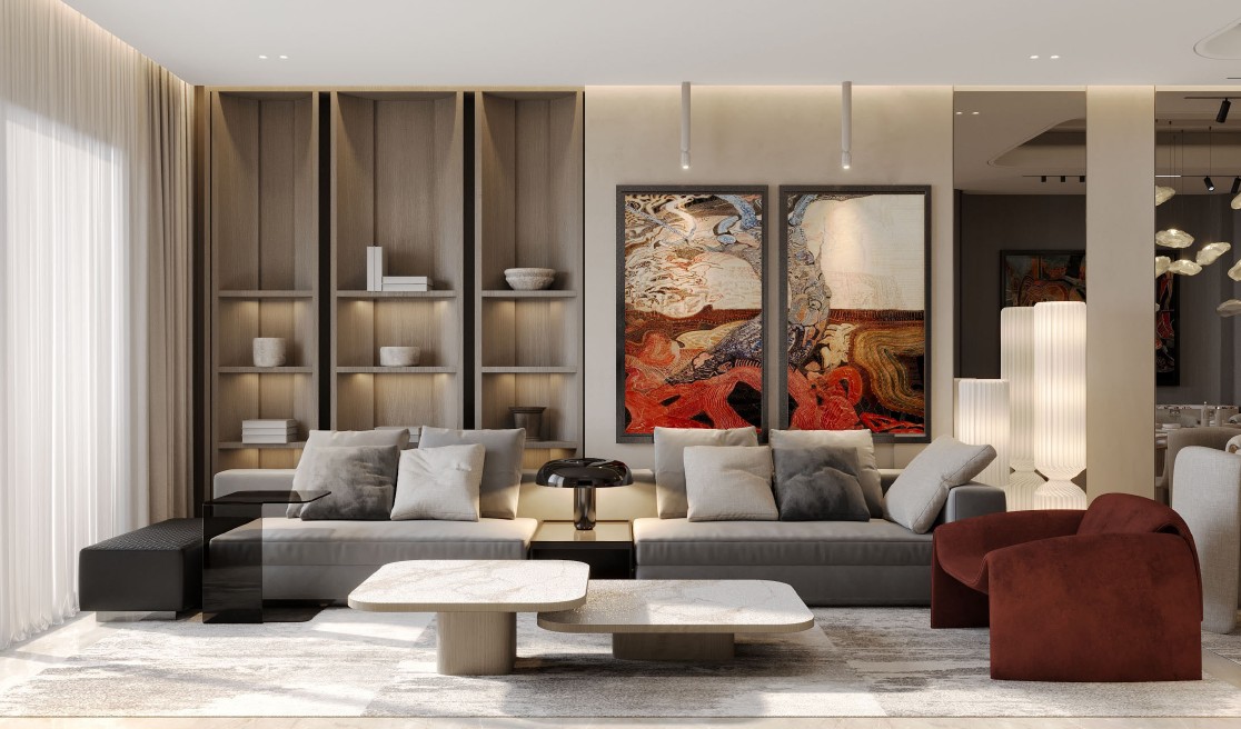 Moon Valley Apartment — living room with joinery niches and layered artwork