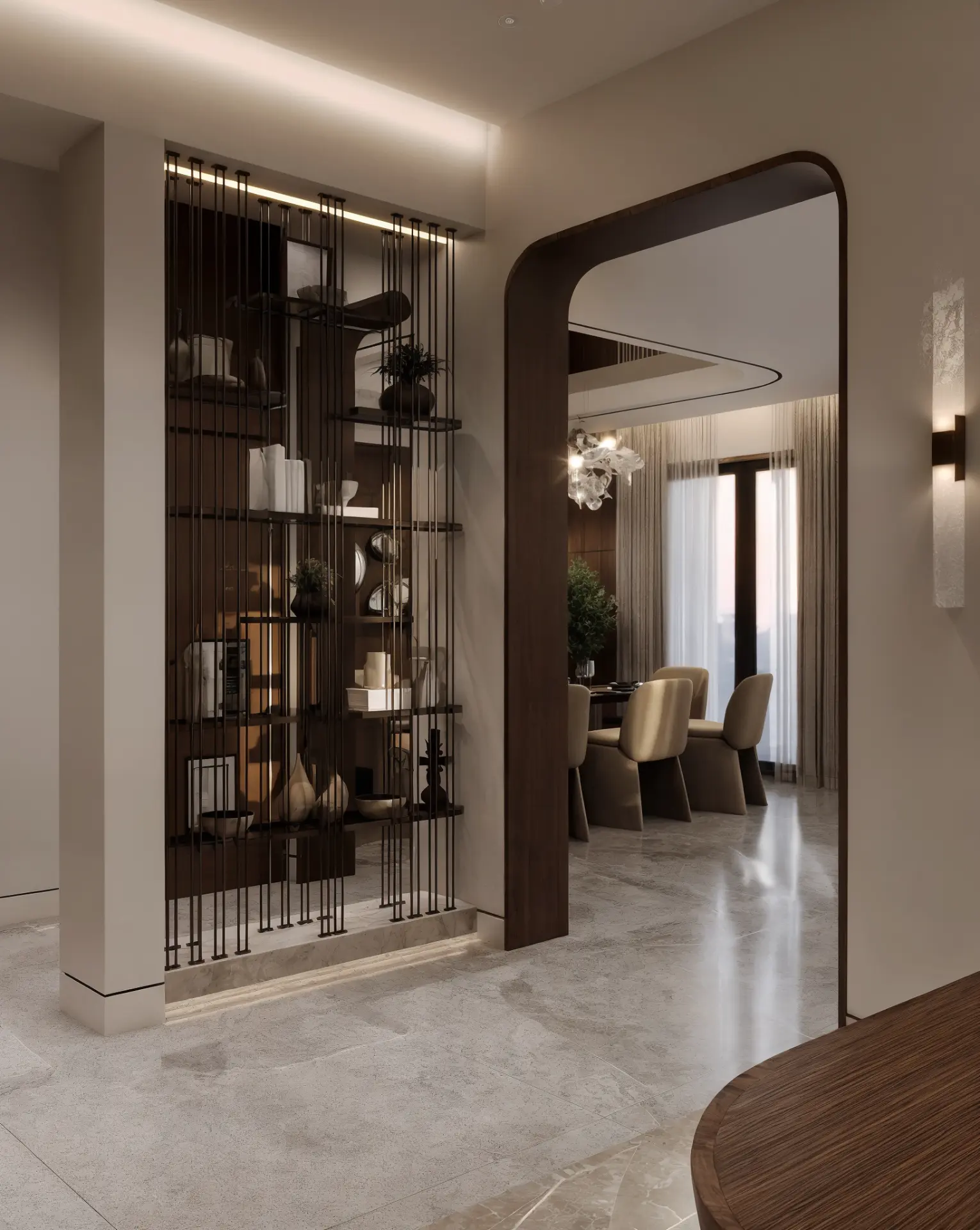 New Giza Villa — dining room glimpsed through a vertical metal screen divider