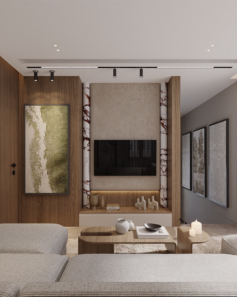 Neo-Classical Villa — guest bedroom with wood panelling, abstract artwork and integrated TV wall