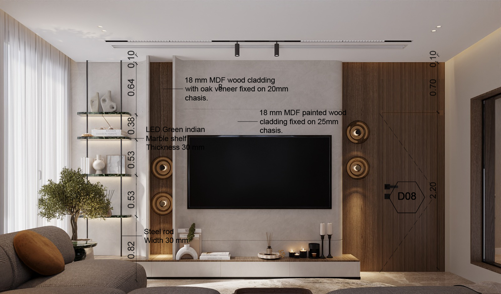 Detailed resolution — annotated interior wall build-up with materials, thicknesses and fixing notes