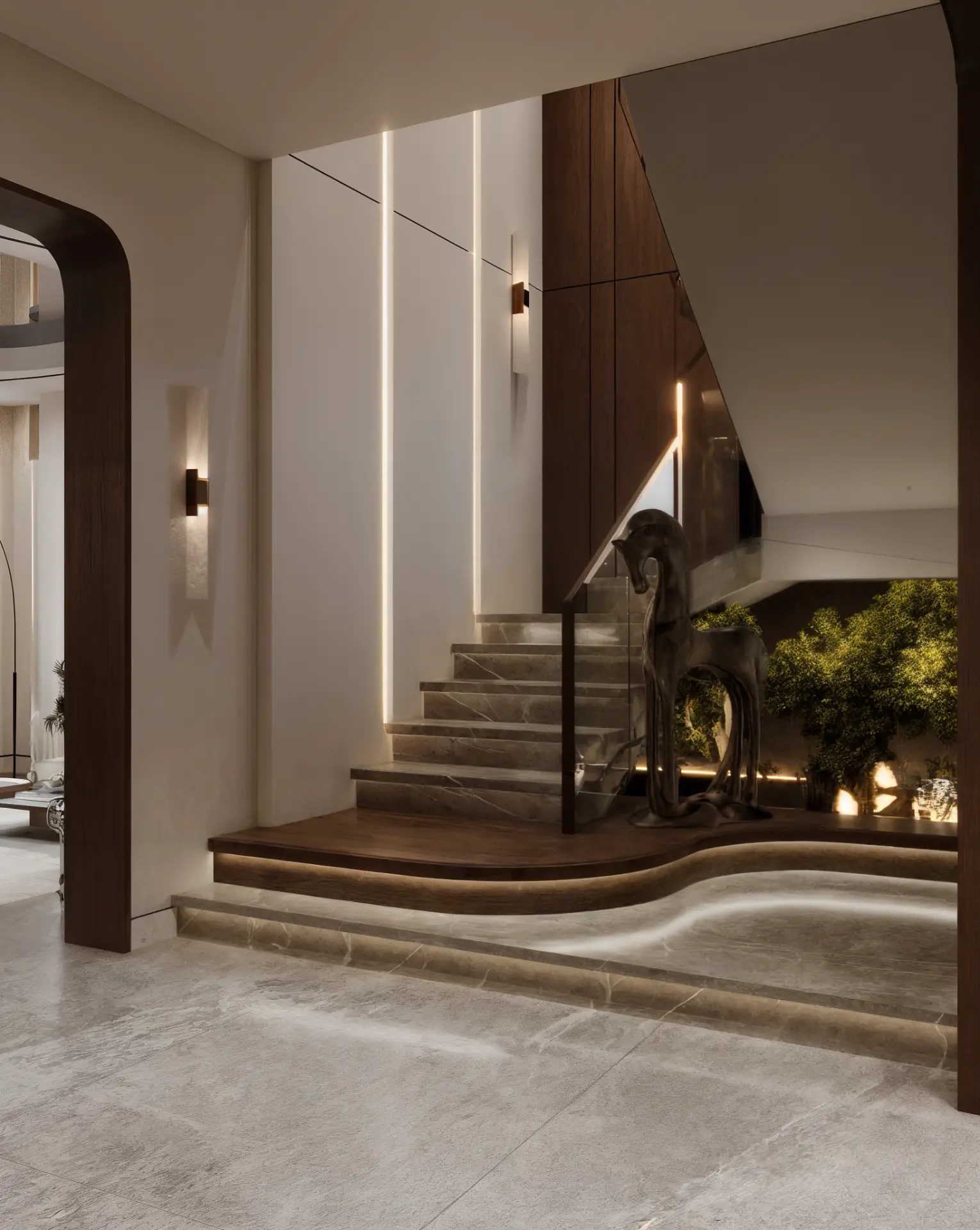 New Giza Villa — sculptural staircase with vertical lighting and indoor greenery