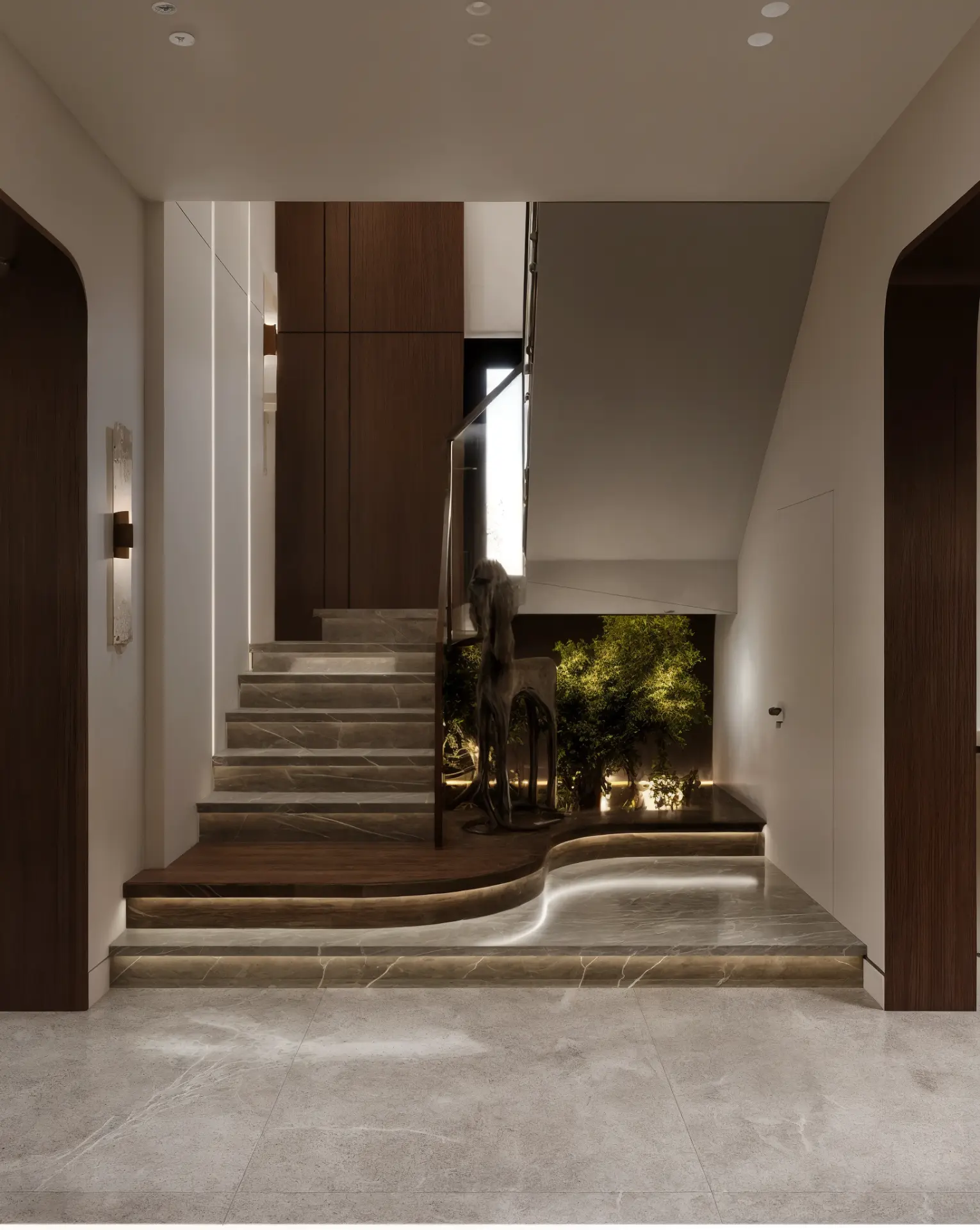 New Giza Villa — grand marble staircase with sculpture and illuminated planter