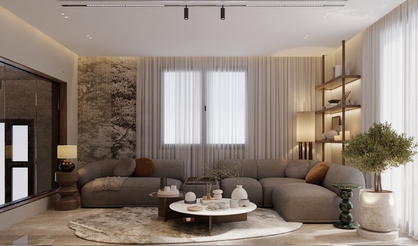 Neo-Classical Villa — formal living room with marble fireplace, facing sofas and crystal chandelier