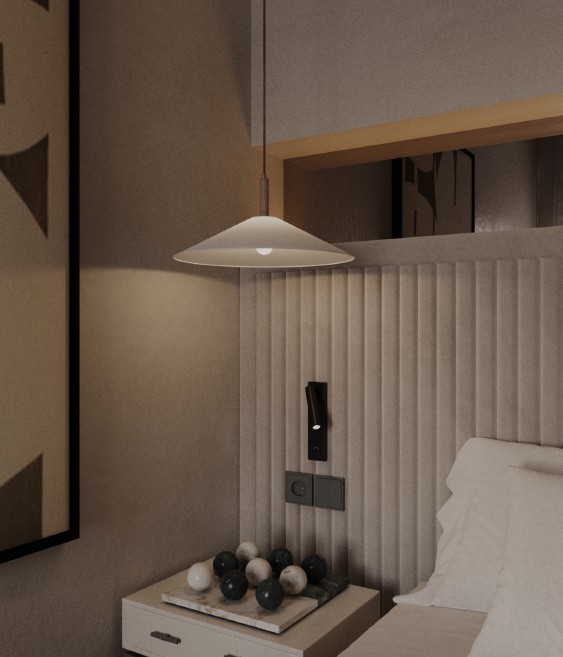 Contemporary Apartment — bedroom detail with ribbed headboard wall and pendant lighting