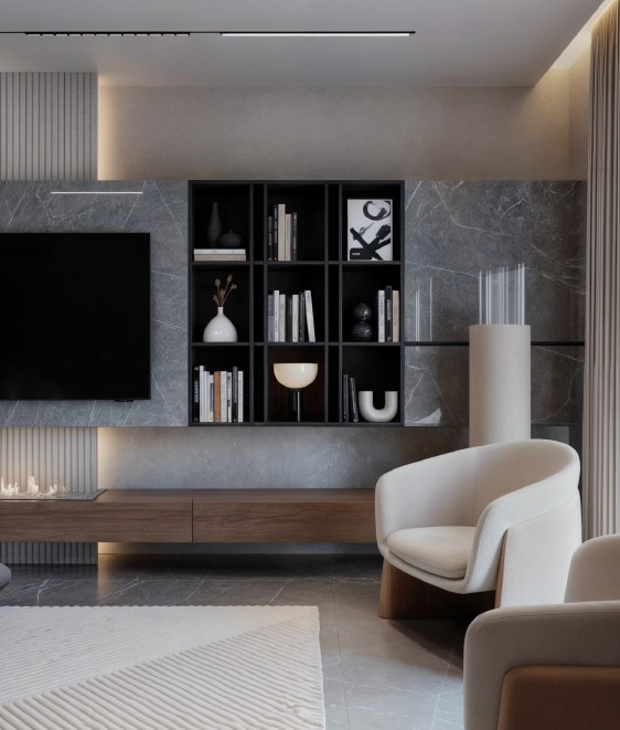 Contemporary Apartment — media wall with open shelving, marble backdrop and sculptural armchair