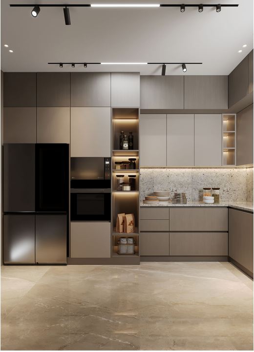 Moon Valley Apartment — kitchen with full-height joinery and integrated appliances